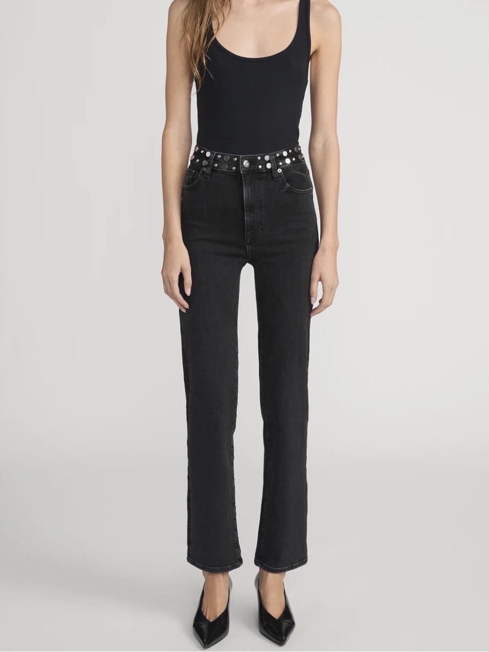 NWT FRAME High-Rise Black Studded Straight Leg Women’s Jeans Le Sleek Straight